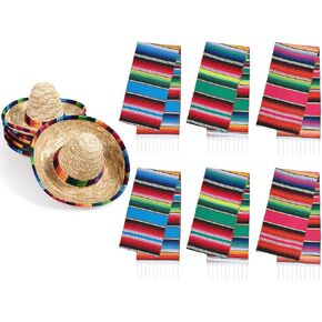 Hillban 12 Pcs Mexican Serape Table Runner Mini Sombrero Straw Hats Mexican Theme Decorations Serape Table Blanket Colorful Striped Runner for Cinco de Mayo Fiesta Wedding, 13 x 110 Inches