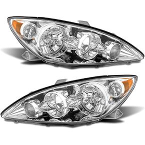 AS Headlights Assembly Compatible with 2005 2006 05 06 Toyota Camry Headlamp with Chrome Housing Amber Reflector Driver and Passenger Side (NOT FIT Solara Models)