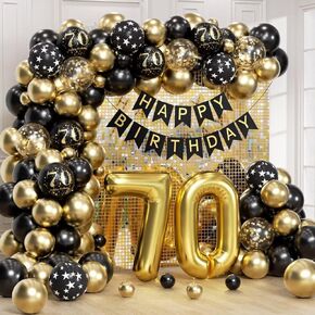 70th Birthday Decorations for Men Woman with Happy 70th Birthday Decorations Banner 70 Balloon Number, Black and Gold 70th Birthday Balloons Kit for 70th Birthday Party Decorations
