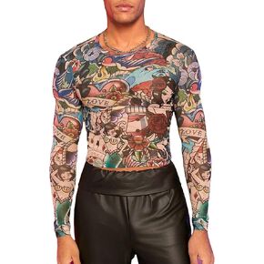 WDIRARA Men's Mable Print Round Neck Tee Long Sleeve Casual Tee Crop Party T-Shirt