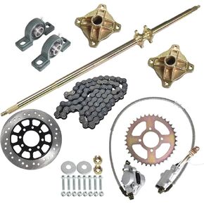 Go Kart 44 Rear Live Axle Assembly Kit Rear Axle Pillow blocks Sprocket Brake Disc Wheel Hubs Chain Brake Master Cylinder Caliper Replacement for Go Kart ATV Quad and Drift Trikes