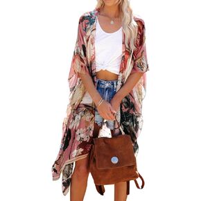 Women's Beach Cover up Swimsuit Kimono with Boho Floral Print Casual Loose Cardigans for Swimwear