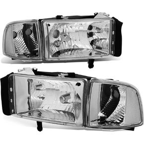 Auto Dynasty Halogen Model 4Pcs Factory Style Headlights Assembly and Corner Lamp Compatible with Dodge Ram 1500 2500 3500 (Non-Sport Models) 94-02, Driver Passenger Side, Black Housing Clear