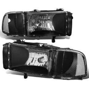 Auto Dynasty Halogen Model 4Pcs Factory Style Headlights Assembly and Corner Lamp Compatible with Dodge Ram 1500 2500 3500 (Non-Sport Models) 94-02, Driver Passenger Side, Black Housing Clear