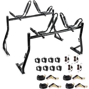 AA-Racks Model X35 Truck Rack with 8 Non-Drilling C-Clamps and 2 Sets Kayak J-Racks with Ratchet Lashing Straps & Ratchet Bow and Stern Tie Down Straps