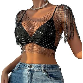 Women's Sleeveless Mesh Top V Neck Rhinestone Sheer Blouse See Through Tee Shirt Crop Tops