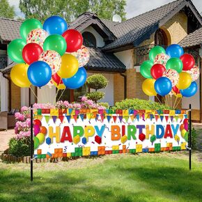 Building Block Banner Decorations Kit Large Fabric Brick Theme Birthday Banner Backdrop Yard Sign with 38 Pcs Colorful Balloons for Building Blocks Birthday Baby Shower (White Base,70 x 15 Inch)
