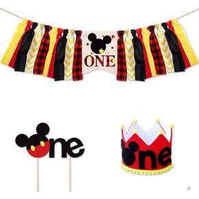Mickey Mouse 1st Birthday Banner, Handmade First Birthday Highchair Banner Photo Props Party Decorations Supplies Mickey Mouse Cake Topper Hat 3 Pcs