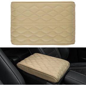 Amiss Leather Car Armrest Box Pad, Universal Heighten Waterproof Car Center Console Cover, Car Arm Rest Cushion Accessories Interior Protection for Most Vehicle, SUV, Truck, Car (Beige)