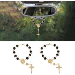 2PCS Car Rosary for Rearview Mirror, Car Rosary with Cross Blessing Rosary Pendant Car Rosary for Rearview Mirror, Personalized Car Hanging Accessories Interior Decors for Women Men