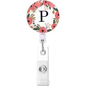 Badge Reel, Retractable ID Card Badge Holder with Alligator Clip, Name Nurse Decorative Badge Reel Clip on Card Holders (Floral Wreath Letter M)