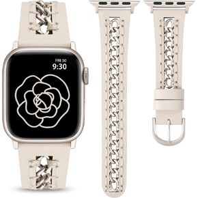 Minyee Leather Bands Compatible with Apple Watch Band 38/40/41/42/44/45/49mm Women, Dressy Designer Premium Leather Strap with Stainless Steel Metal Hollow-out Chain Bracelet for iWatch Ultra 2, Series 9/8/7/6/5/4/3/2/1/SE