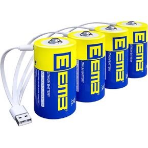 EEMB D Batteries 1.5V Rechargeable D Batteries 5550mWh Rechargeable Lithium D Cell Batteries USB Type C Charging Cable LR20 Replacement Battery for Flashlight - 4 Pack