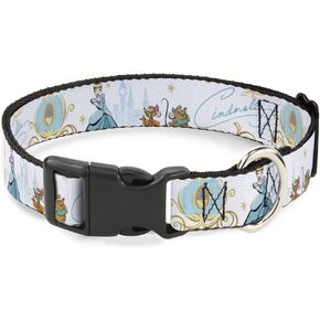 Buckle-Down Dog Collar Plastic Clip Cinderella Pumpkin Coach and Mice Pose with Script Blues 16 to 23 Inches 1.5 Inch Wide