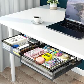 2 Pack Under Desk Drawer, Slide Out Under Desk Storage Organizer, Self-Adhesive Desk Drawer Attachment for Office, School, Home, Hidden Desktop Organizer for Office Supplies & Home Essentials (Black）
