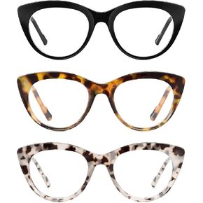 JM 3 Pack Stylish Cat Eye Reading Glasses for Women, Blue Light Blocking Funky Computer Readers Spring Hinge