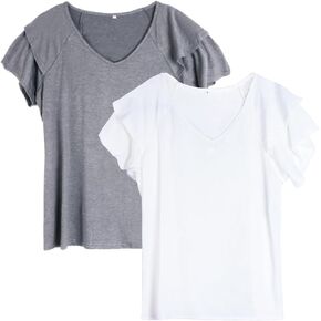 Womens Summer Ruffle Short Sleeve Tunic V-Neck Tops Loose Fit Flowy T-Shirts