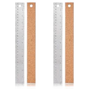 Prasacco 2 Pcs Metal Ruler Cork Backed Ruler Non-Slip Stainless Steel Ruler Straight Ruler Scale Ruler with Inch and Centimeters Cork Base Rulers for School Office Drafting Tools, 12 Inch
