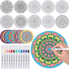 Humyoun 62 Pieces Mandala Painting Kits for Adults Mandalas to Color 50 Mandala Cardstock with 12 Markers for Coloring for Adults Stress Relieving Painting, DIY Crafts (Simple Mandala)