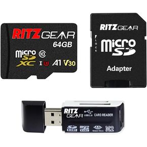 Ritz Gear Extreme Performance Class 10 V30 A1 U3 UHS1 MicroSDXC 64GB-Memory-Card-with Ritz Gear-Card-Reader. Compatible-with Nintendo-Switch, Smartphones, Action Cameras, Security Cams and More