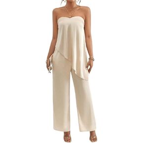 OYOANGLE Women's 2 Piece Outfits Sweetheart Neck Asymmetric Hem Strapless Top and Wide Leg Pants Set