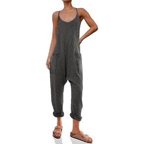 Cicy Bell Women's Casual Sleeveless Waffle Jumpsuits Loose Knit Spaghetti Strap Romper Long Pants with Pockets