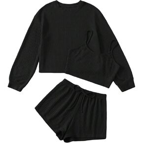 SHENHE Women's Pajama Sets 3 Piece Ribbed Knit Cami Top and Shorts Lounge Sets with Tee