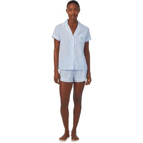 طقم بوكسر من Lauren Ralph Lauren بأكمام قصيرة وياقة مدببة، أزرق مخطط مقاس XL (الولايات المتحدة 16-18) in Saudi Arabia