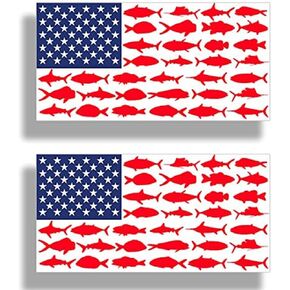 WSQ 2-Pack USA American Fish Flag Patriotic Fishing Vinyl Sticker Decal - 5x2.5 Inches - Fish Decals for Boats Salt Life Sticker Car Truck SUV Van Window Bumper Wall Laptop Tablet Cup Tumbler and Any