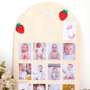 Strawberry My First Year Photo Board - One Year Old Photo Display Wood Board, sweet one Monthly Milestone Photo Board, Strawberry 1st Birthday Decoration, 12 Months Photo Display Frame (pink words)