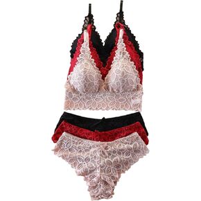WDIRARA Women's 6 Pieces Floral Lace Bow Front Sheer Bralette and Panty Lingerie Set