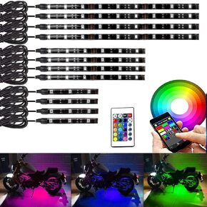 12PC RGB Motorcycle LED Underglow Light Kit with APP Wireless IR Remote Control,Waterproof Neon Accent LED Lighting Strips for Motorcycle Scootor Golf Cart ATV SUV Car