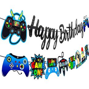 Game Birthday Party Banner 2Pcs Video Game Birthday Banners Black Glitter Video Game Banners Game Theme Birthday Party Decorations for Gaming Player Baby Shower Supplies