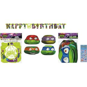 TMNT Teenage Mutant Ninja Turtles Birthday Party Supplies Decoration Bundle includes 1 Happy Birthday Banner, 8 Party Paper Masks, 1 Dinosaur Sticker Sheet