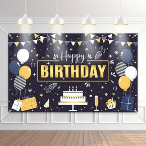 Avezano Happy Birthday Backdrop Banner Navy Blue and Gold Birthday Party Decoration Blue Happy Birthday Banner for Men Women Children Boys Birthday Supplies 70.8 x 43.3 Inch