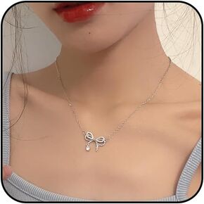 Bow Necklace for Women Cubic Zirconia Bow Pendant Necklace Bowknot Choker Necklace Ribbon Chain Necklace
