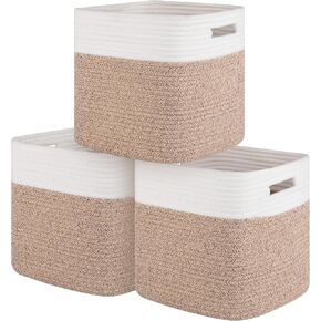Storage Cubes 11 Inch Cotton Rope Woven Baskets for Organizing, 3-Pack Cube Storage Bin | Square Baskets for Shleves, Closet, Baby Nursery Bins, Black & Brown in Kuwait