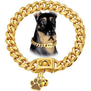 Dog Chain Collars Cuban Link Dog Collar 12mm with Secure Snap, Bell & Dog Tag Stainless Steel Metal 18K Gold Chain Dog Collar for Puppy Small Medium Large Dogs (16")