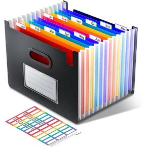 ThinkTex 12 Pockets Accordion File Organizer, Upright & Open Top, Monthly Colorful Tabs, Larger Capacity Expanding File Folder, Letter/A4 Size for School, Home and Office - BLACK