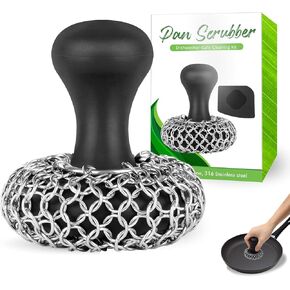 316L Cast Iron Pan Scrubber | Dish Scouring Pad Dishwasher-Safe Cleaning Kit | Chainmail for Cast Iron Skillet Cleaner, Effortless Cleaning for Pans, Skillets and Grills (Black,1 Scrubber +1)