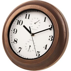 Wall Clock with Humidity Temperature, Vintage Analog Clock Thermometer Hygrometer Combo for Bathroom Kitchen Bedroom Living Room, Non Ticking Battery Operated, Retro Rustic Decorative, IP24 Waterproof