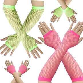 4 Pairs Fishnet Gloves Women's Mesh Fingerless Gloves for 80s Costume Theme Party, Green, Hot Pink 80s Fishnet Gloves for Women and Girls, Long & Short