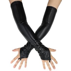 Men's and Women's 19" Fingerless Shiny Metallic Gloves Elbow Length Wet Look Gloves Cosplay Night Club Dance Gloves