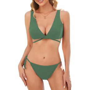 ZAFUL Bikini Sets for Women Push Up Ribbed V Neck High Cut 2 Piece Swimsuits Wrap Criss Cross Bathing Suits