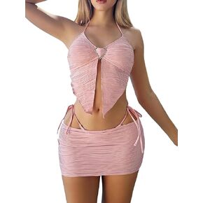 WDIRARA Women's 3 Pieces Swimsuit Heart Ring Halter Wireless Bikini Set with Beach Skirt Swimwear