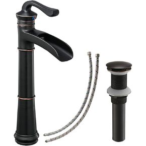 Vessel Sink Faucet, Waterfall Vessel Faucet, Brushed Nickel Tall Bathroom Faucet, Farmhouse Single Hole Single Handle Brush Nickel Vanity RV with Pop Up Drain without Overflow