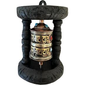 Himalayan Craft Spinning Tibetan Prayer Wheel, Wall Hanging Buddhism Om Mane Padme Hum Mantra Spinning Single Prayer Wheeler - Brass Copper & Wood Stand - Handmade In Nepal