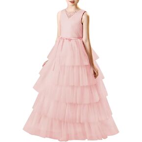 Layered Tulle Flower Girl Dress for Wedding Girls Pageant Dresses with Beads Long Ball Gown Party Dress for Girl