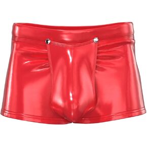Mens Shiny Leather Boxer, Sexy Below Open Crotch, Detachable Buckle Pouch, Comfort Stretch Waistband