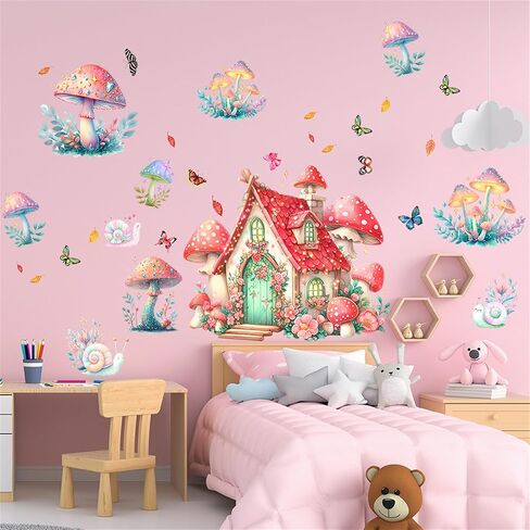 WAFT YEARN Waterproof Removable Vinyl Mushroom Butterfly Wall Decal Sticker for Nursery Kids Room School Classroom Living Room Bedroom Bathroom Girls Boys Room Decorations in Kuwait